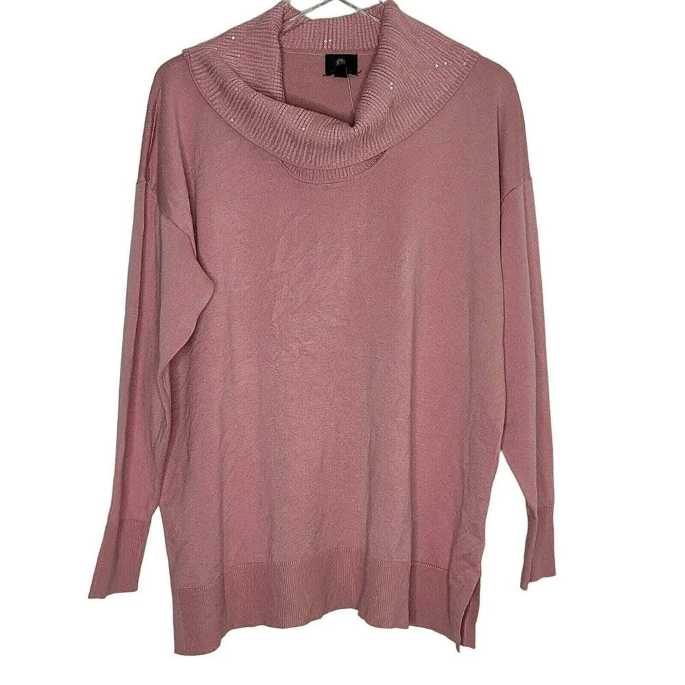 JM Collection Pink Cowl Neck Sweater Sequined Long‎ Sleeve Lagenlook Knit L